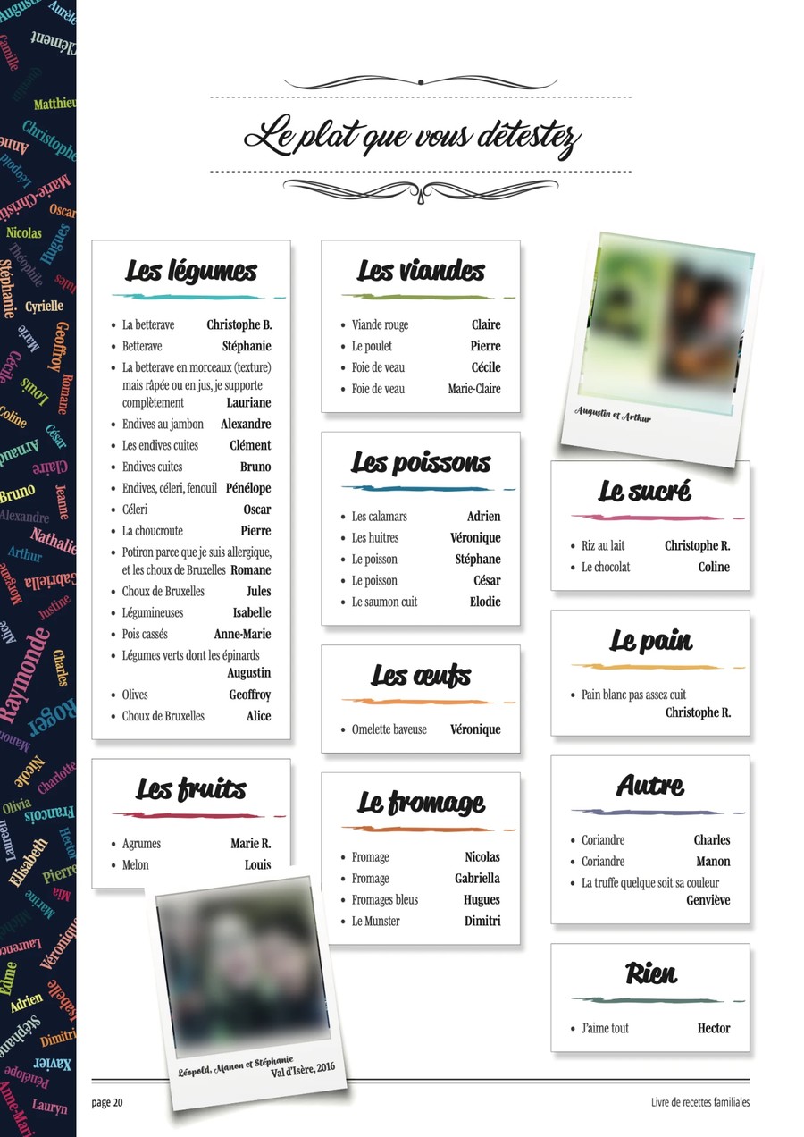 Page du livre de recettes familiales consacrée aux plats que chacun déteste