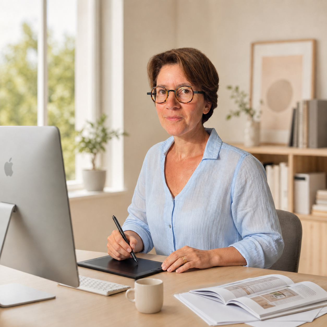 Maude, graphiste, travaillant avec un stylet à son bureau
