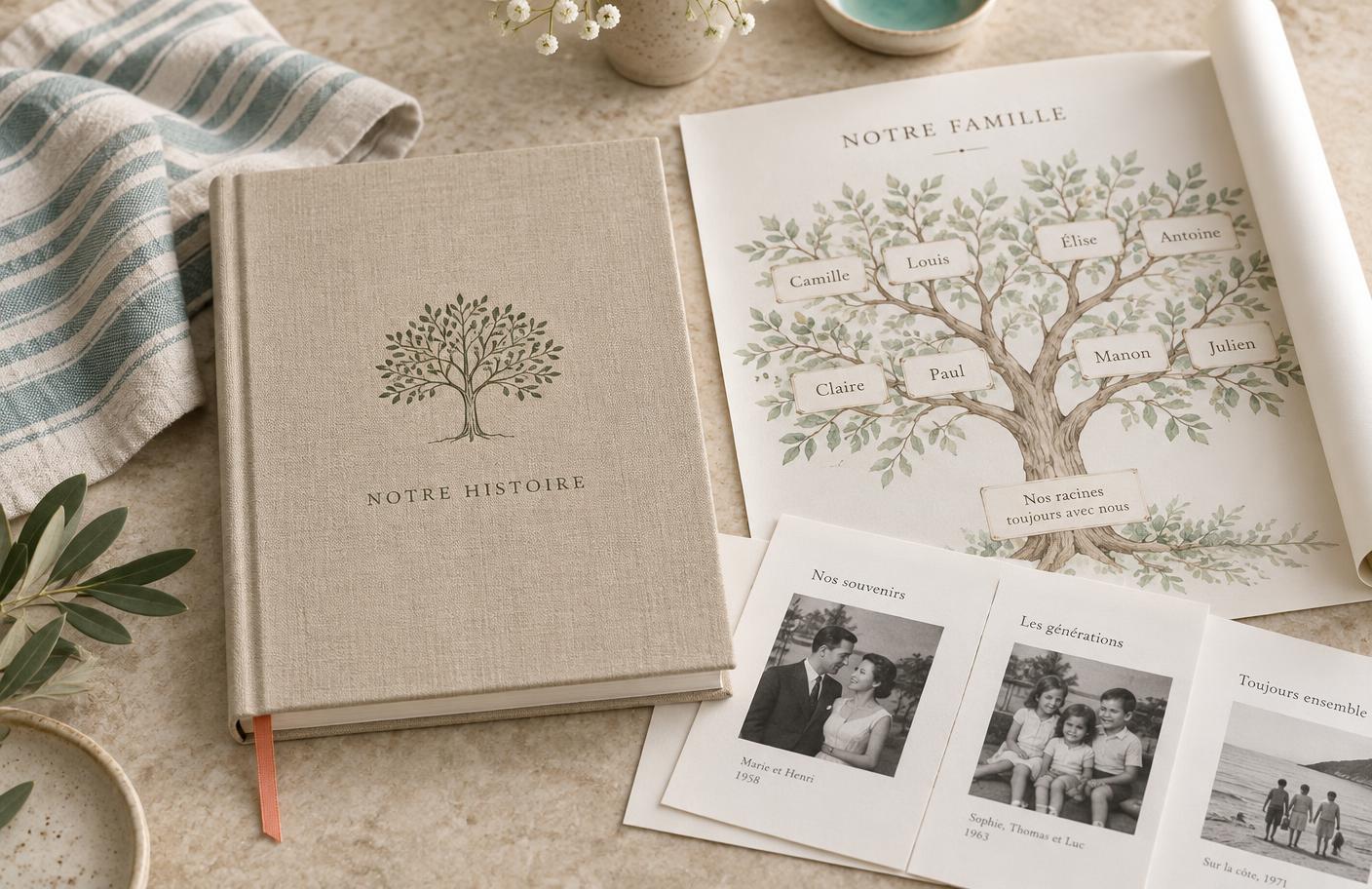 Livre de famille imprimé posé près d'un poster d'arbre généalogique
