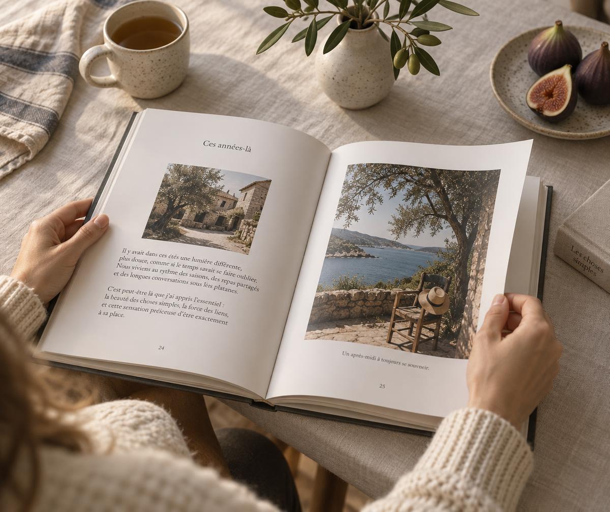Livre de vie ouvert, textes et photos mis en page, feuilleté sur une table en lin